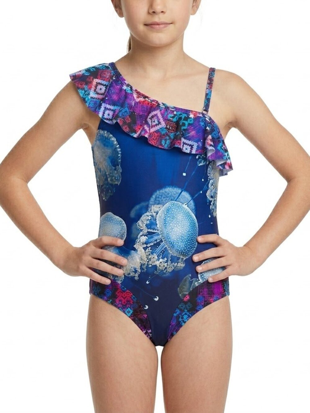Kids These Days Girls Jellyfish One‑Piece Swimsuit Navy Pink Graphic Size 12